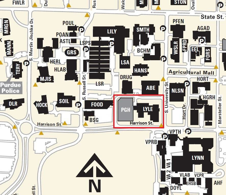 Map of campus showing location of the M.D. Steer Speech-Languge and Hearing Clinics