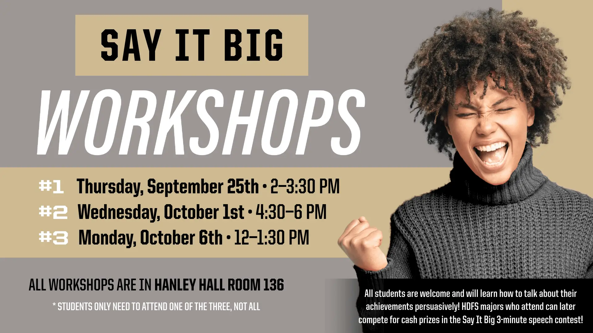 Purdue Human Development and Family Science student celebrating Say It Big Workshops on persuasive communication, Fall 2025