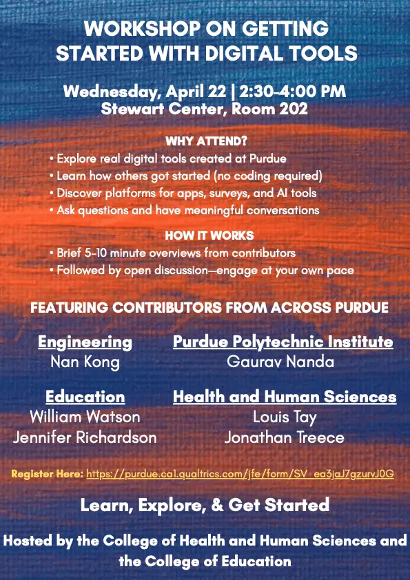 Purdue University digital tools workshop flyer for apps surveys and AI tools event